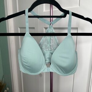 Victoria Secret aqua blue tshirt lightlylined demi snap clasp 32DD racerback